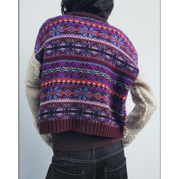 Zara Purple & Beige Oversized Contrasting Knit Jacquard Oversized Sweater Small - Picture 6 of 8